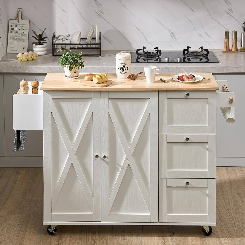 45.3 In. Width Kitchen Island Cart with Solid Natural Wood Top, Mobile Carts with Storage Cabinet, Rolling, White