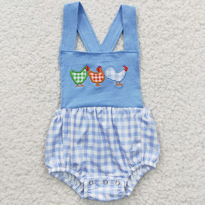 Wholesale Newborn Romper Floral Blue Jumpsuit Embroidery Chicken Toddler Kid Children Summer Matching Baby Boy Girl One-Piece