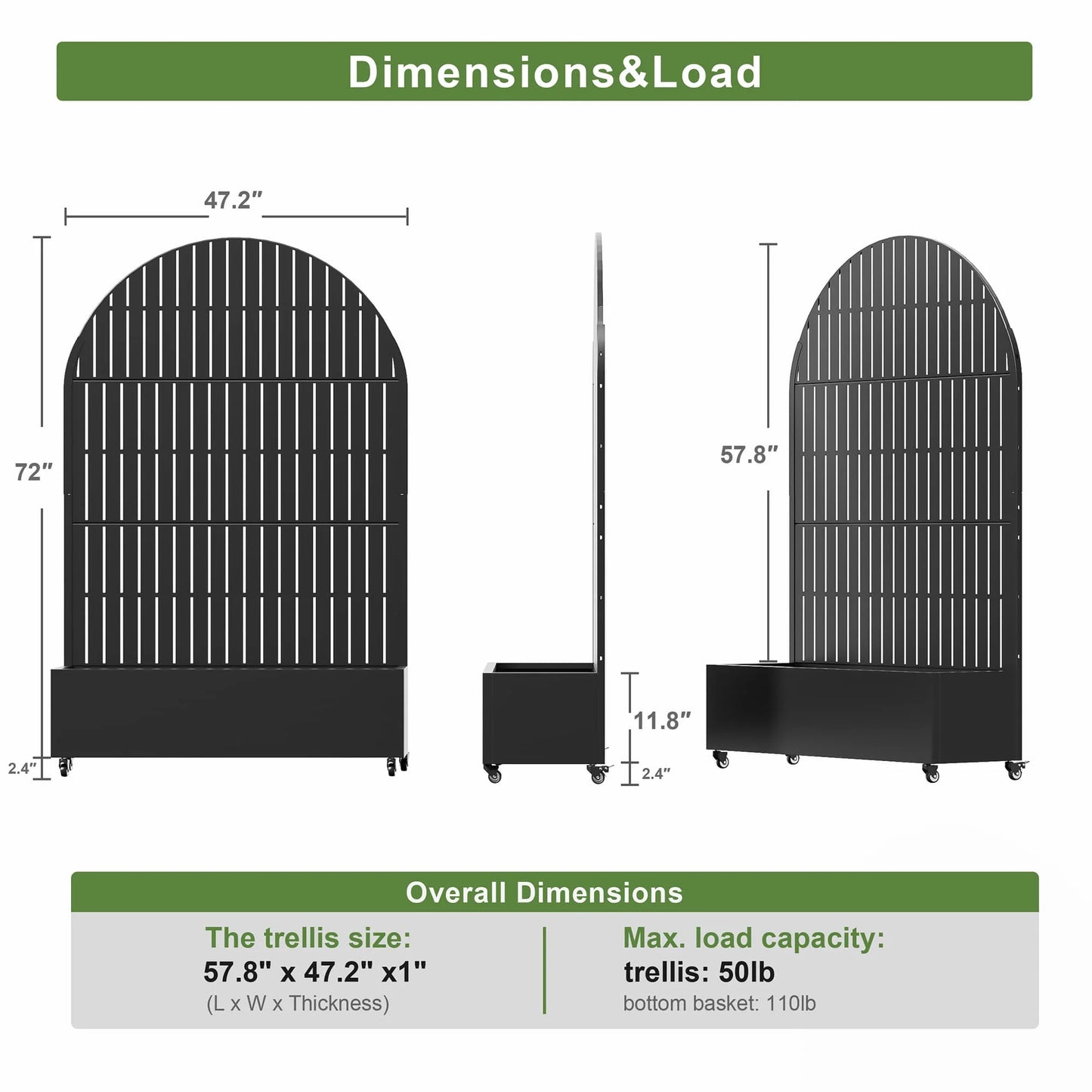 Planter Box with Trellis Iron Black Arch Vertical Fence Style 72X47X16In 3-Piece Set