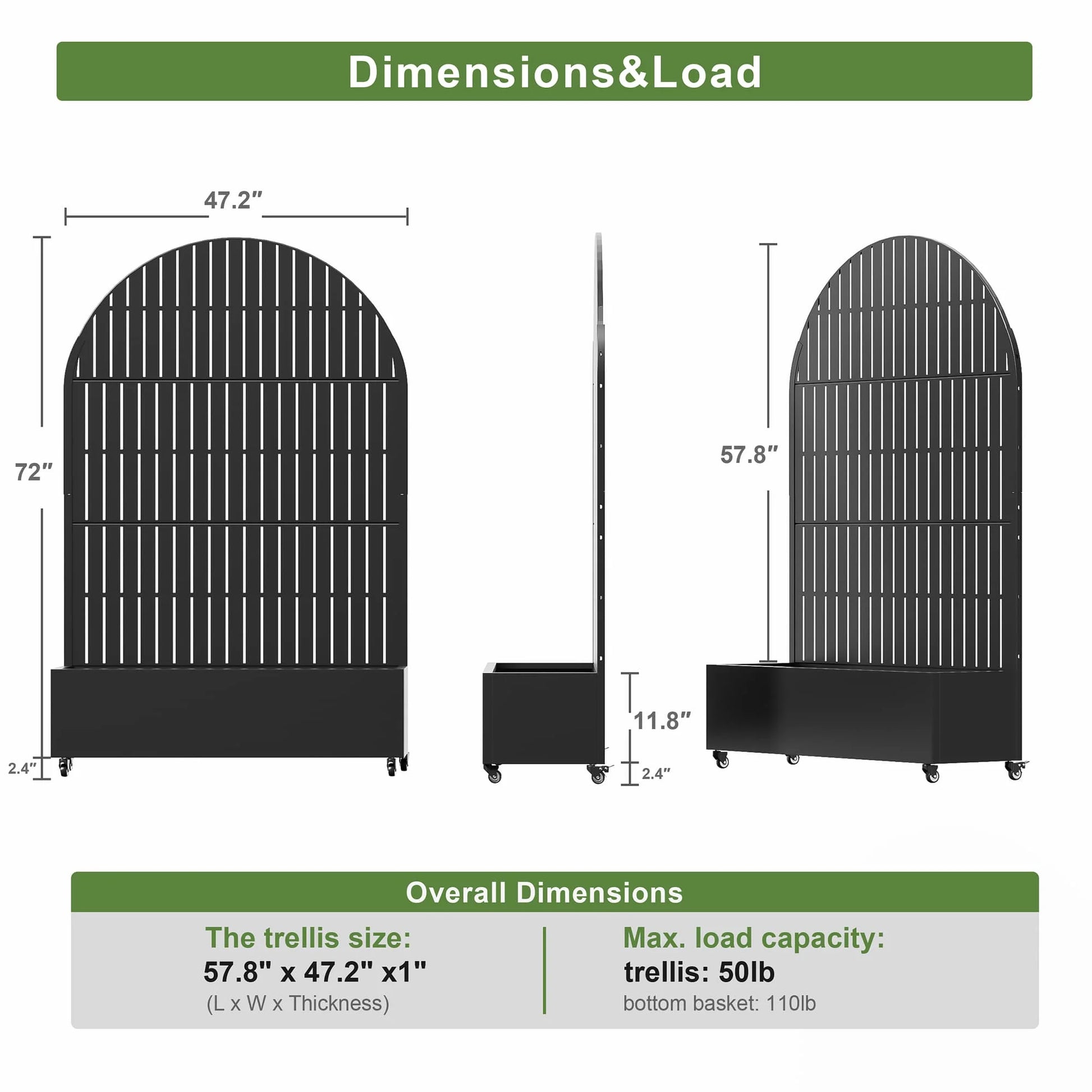 Planter Box with Trellis Iron Black Arch Vertical Fence Style 72X47X16In 3-Piece Set