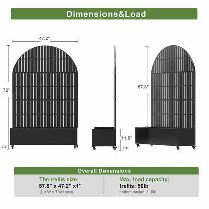 Planter Box with Trellis Iron Black Arch Vertical Fence Style 72X47X16In 3-Piece Set
