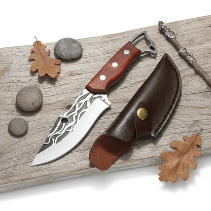 Sharp Edge Full Tang Fixed Blade Hunting Knife | Wooden Handle Outdoor Camping Knife with PU Leather Sheath