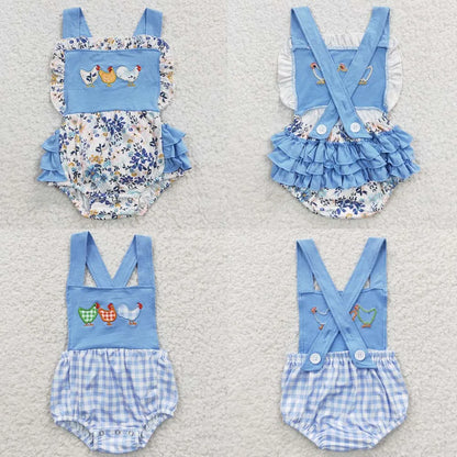Wholesale Newborn Romper Floral Blue Jumpsuit Embroidery Chicken Toddler Kid Children Summer Matching Baby Boy Girl One-Piece