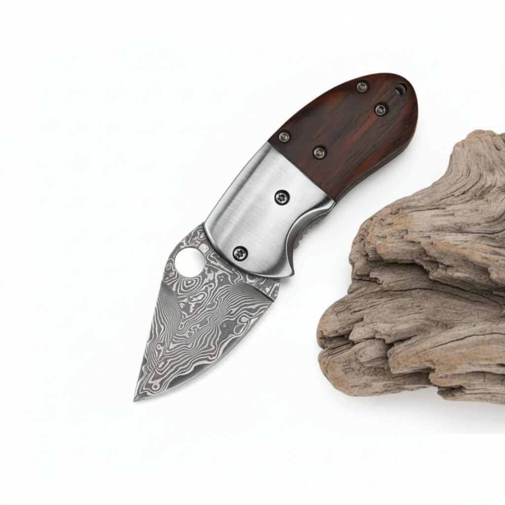 Mini Damascus Steel Folding Knife – Compact EDC Pocket Knife for Men | Gift Knife