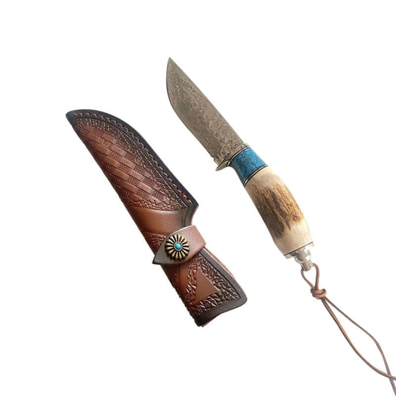 Damascus Steel Outdoor Knife Antler & Turquoise Handle Outdoor Knife