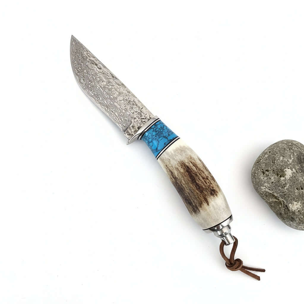 Damascus Steel Outdoor Knife Antler & Turquoise Handle Outdoor Knife