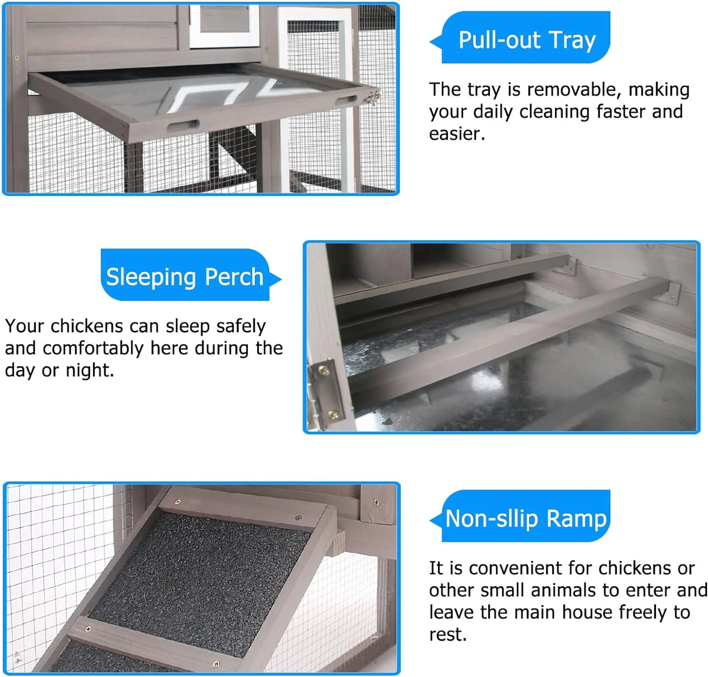 Mobile Chicken Coop with Run - Wooden Coop with Wheels and Asphalt Roof - Gray