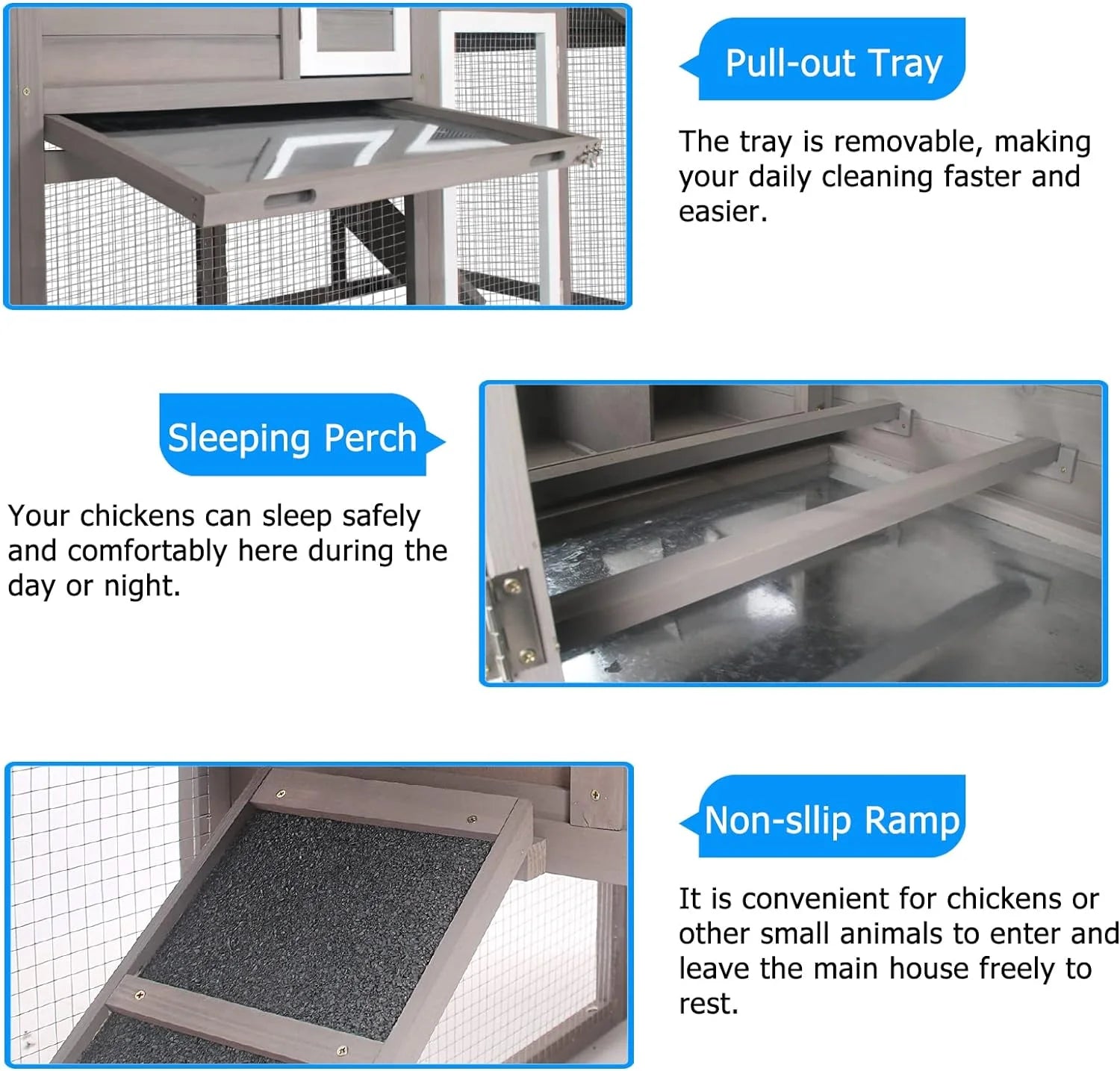 Mobile Chicken Coop with Run - Wooden Coop with Wheels and Asphalt Roof - Gray
