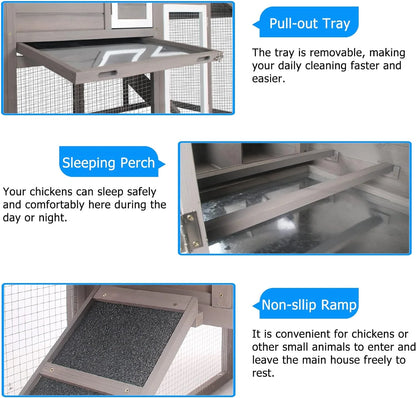 Mobile Chicken Coop with Run - Wooden Coop with Wheels and Asphalt Roof - Gray