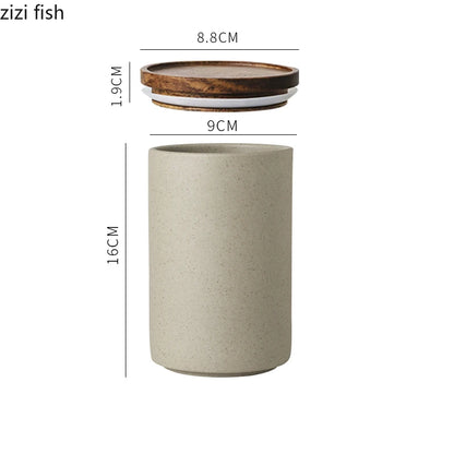 Retro Ceramic Storage Jar Tea Coffee Jars Wooden Lid Sealed Can Organizer Box Home Kitchen Food Storage Containers Kitchen Items