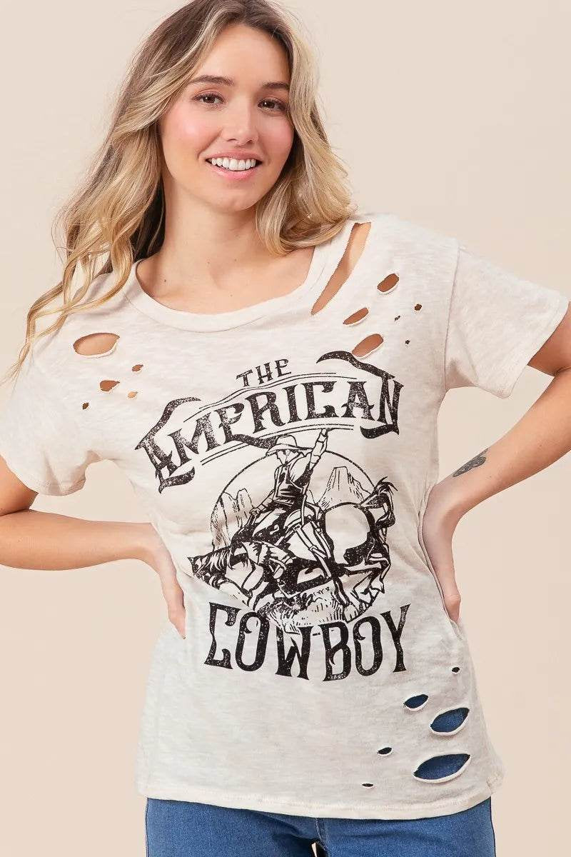 Bibi Cotton Slub Laser Top American Cow Boy Graphic
