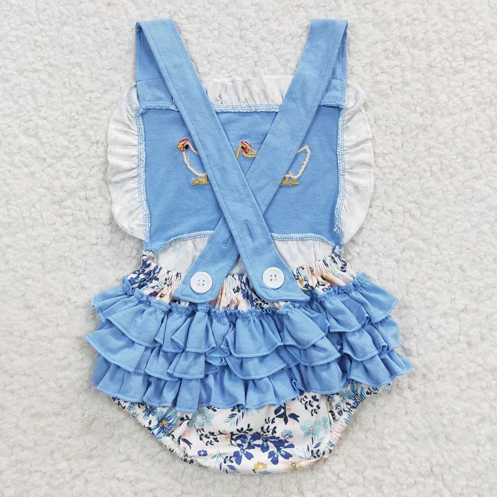 Wholesale Newborn Romper Floral Blue Jumpsuit Embroidery Chicken Toddler Kid Children Summer Matching Baby Boy Girl One-Piece