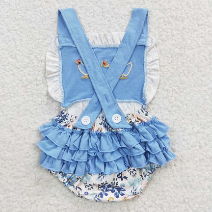 Wholesale Newborn Romper Floral Blue Jumpsuit Embroidery Chicken Toddler Kid Children Summer Matching Baby Boy Girl One-Piece