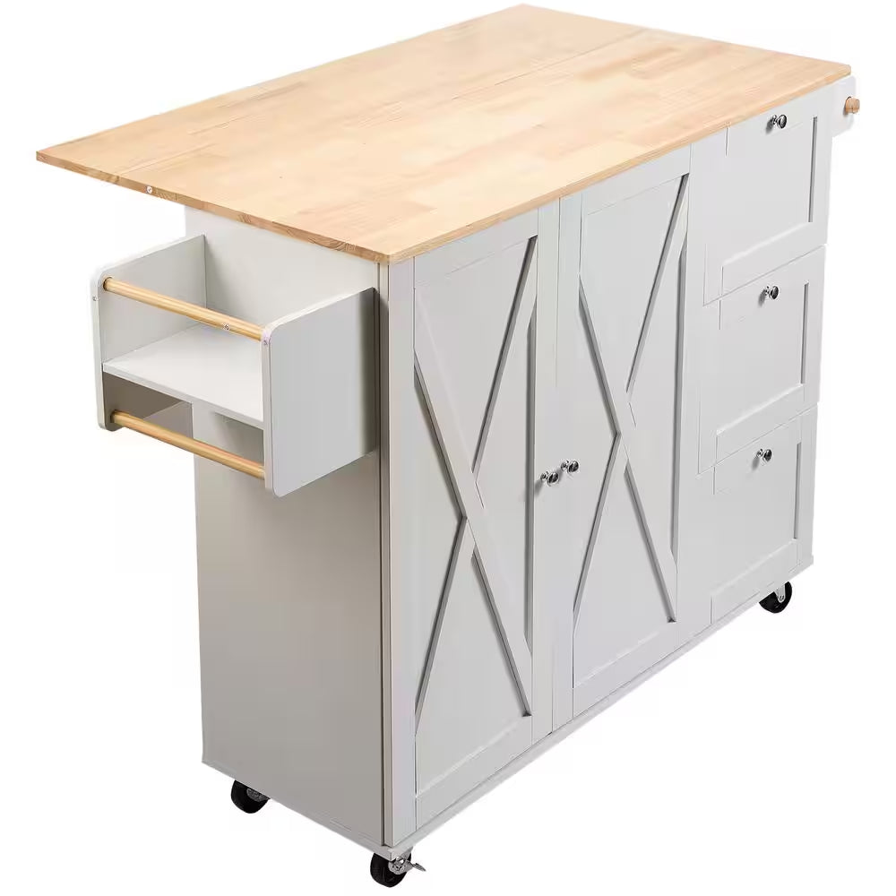 45.3 In. Width Kitchen Island Cart with Solid Natural Wood Top, Mobile Carts with Storage Cabinet, Rolling, White