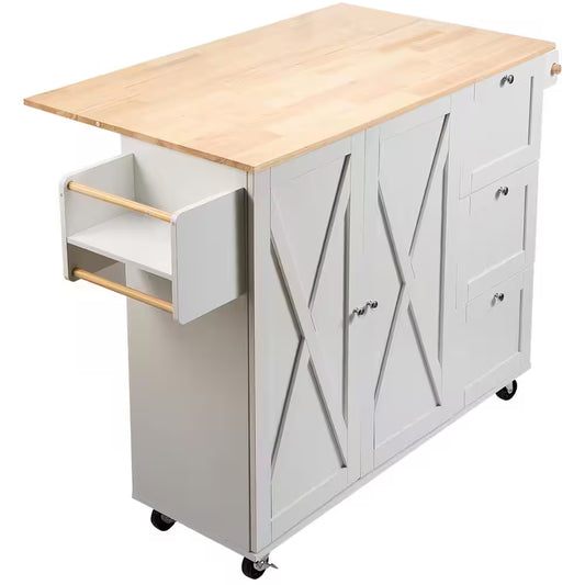 45.3 In. Width Kitchen Island Cart with Solid Natural Wood Top, Mobile Carts with Storage Cabinet, Rolling, White