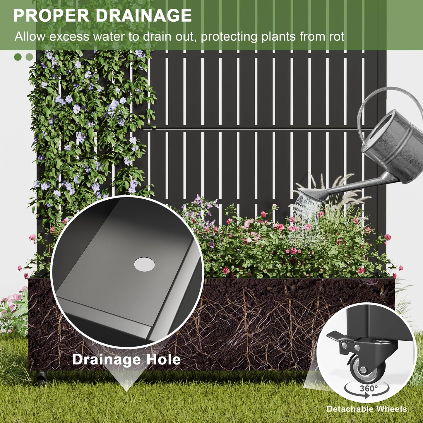 Planter Box with Trellis Iron Black Arch Vertical Fence Style 72X47X16In 3-Piece Set