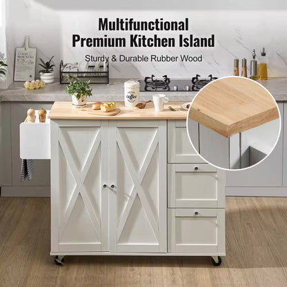 Kitchen Cart with Solid Natural Wood Top, 45.3 In. Mobile Rolling Cart with Storage Cabinet, Portable on Wheels, White