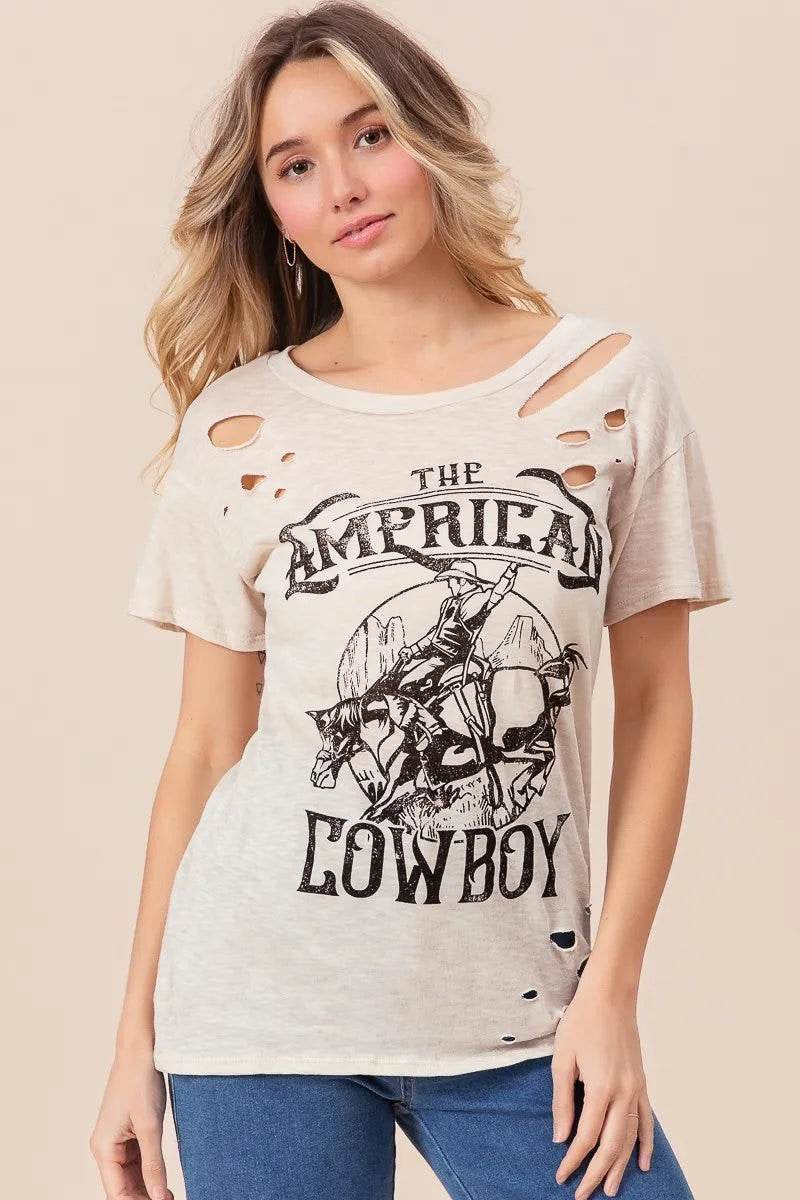 Bibi Cotton Slub Laser Top American Cow Boy Graphic