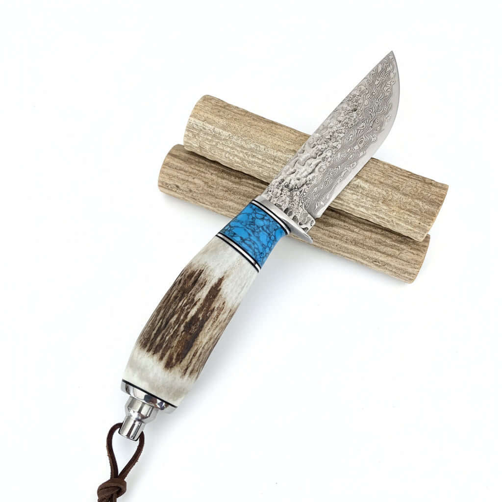 Damascus Steel Outdoor Knife Antler & Turquoise Handle Outdoor Knife