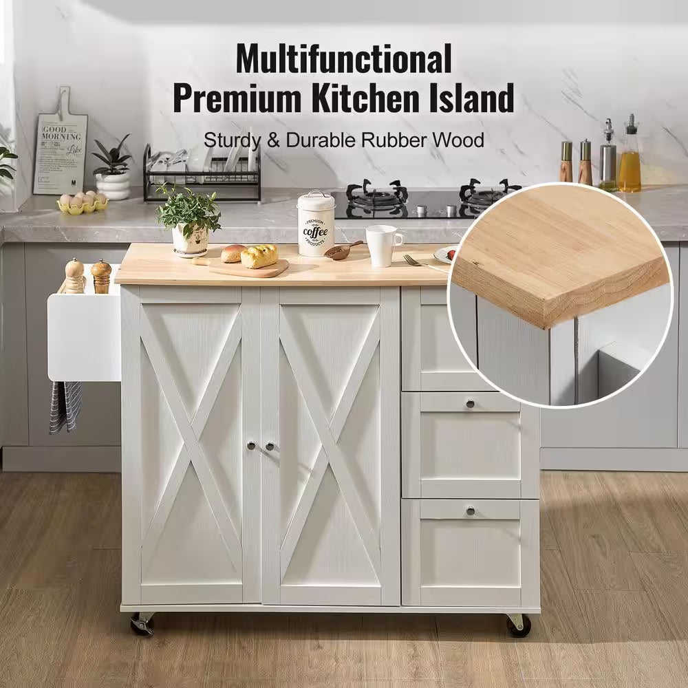 45.3 In. Width Kitchen Island Cart with Solid Natural Wood Top, Mobile Carts with Storage Cabinet, Rolling, White