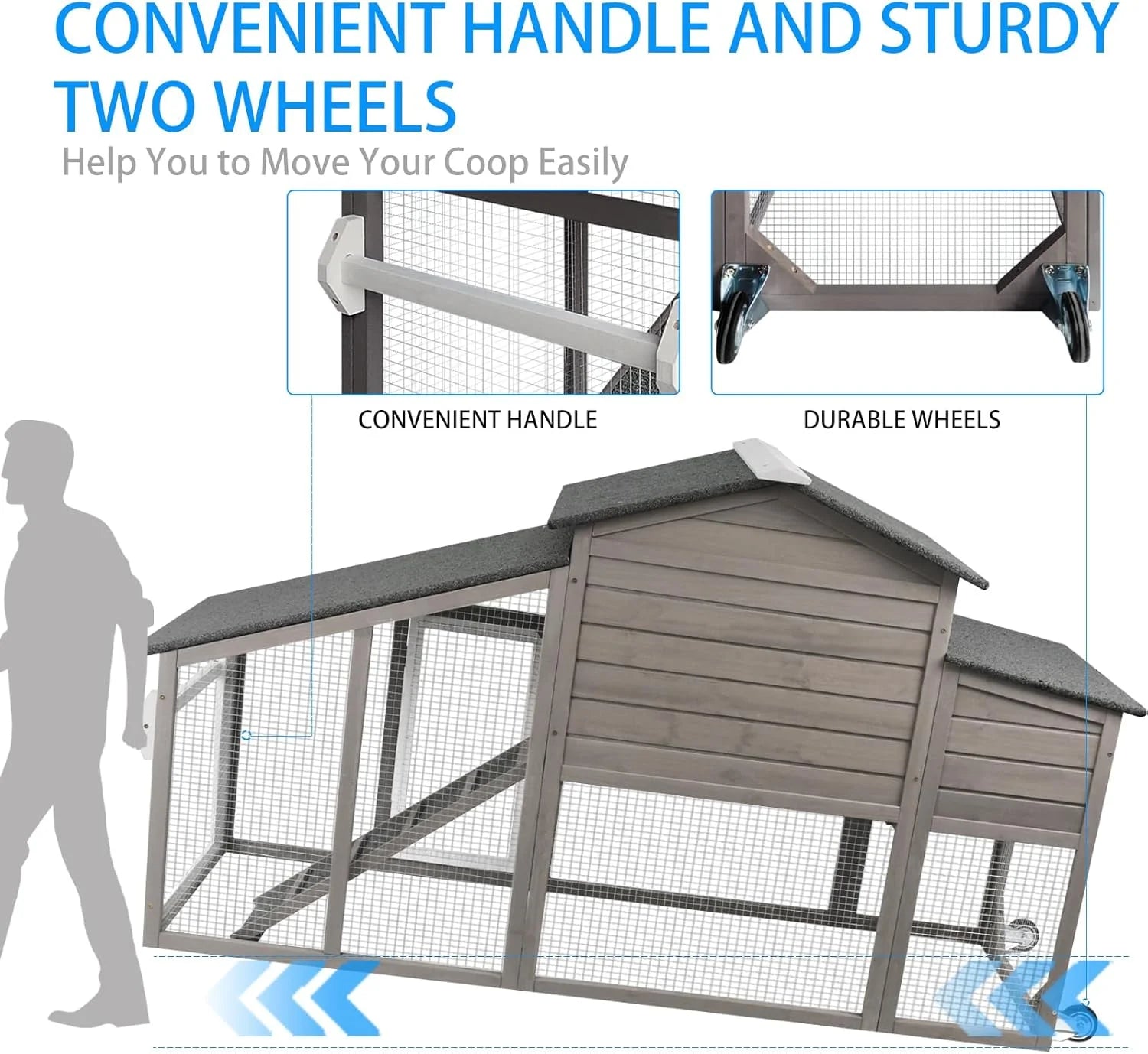 Mobile Chicken Coop with Run - Wooden Coop with Wheels and Asphalt Roof - Gray