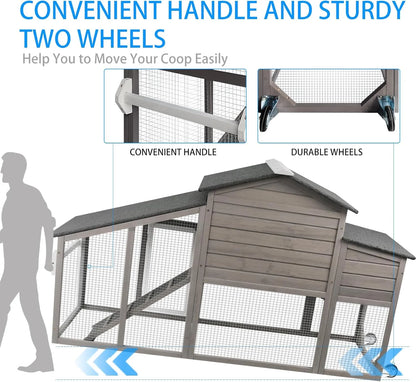 Mobile Chicken Coop with Run - Wooden Coop with Wheels and Asphalt Roof - Gray