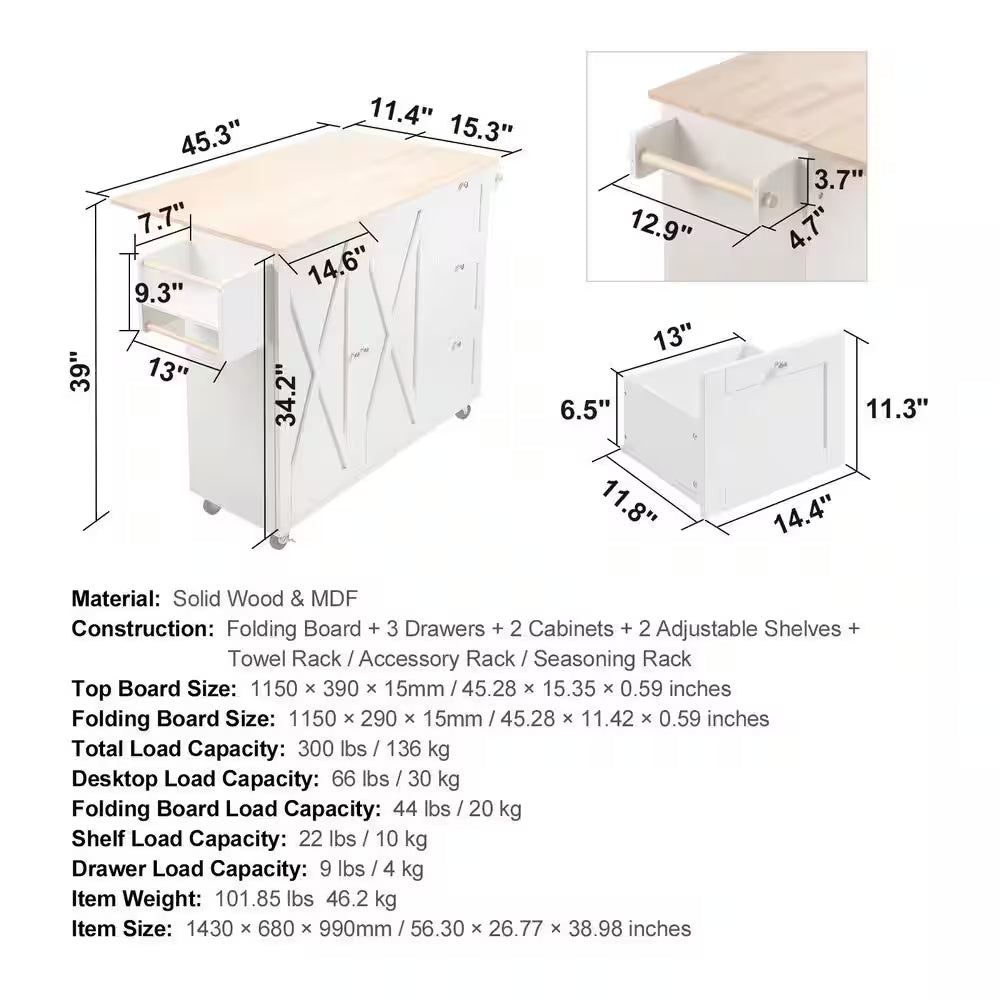 45.3 In. Width Kitchen Island Cart with Solid Natural Wood Top, Mobile Carts with Storage Cabinet, Rolling, White