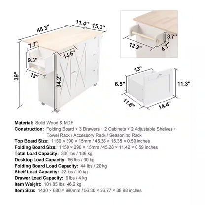 45.3 In. Width Kitchen Island Cart with Solid Natural Wood Top, Mobile Carts with Storage Cabinet, Rolling, White