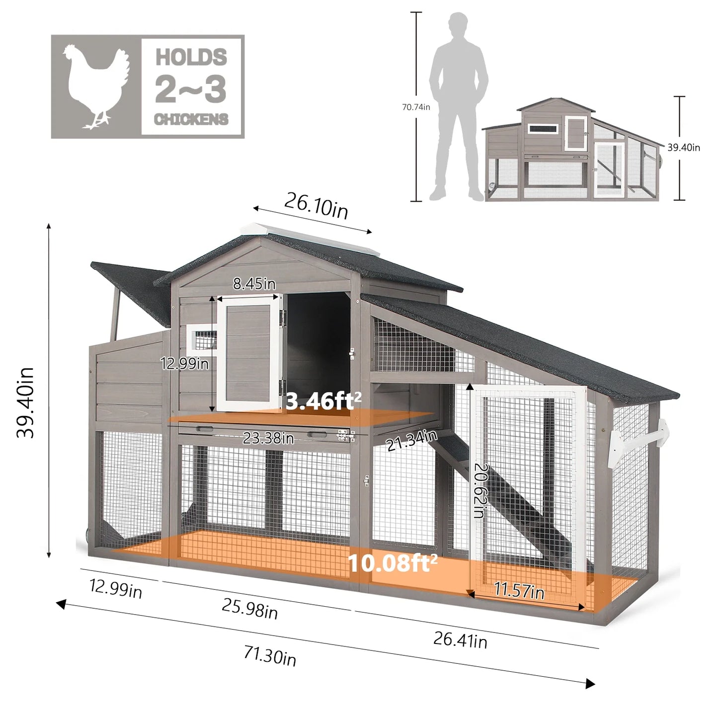 Mobile Chicken Coop with Run - Wooden Coop with Wheels and Asphalt Roof - Gray