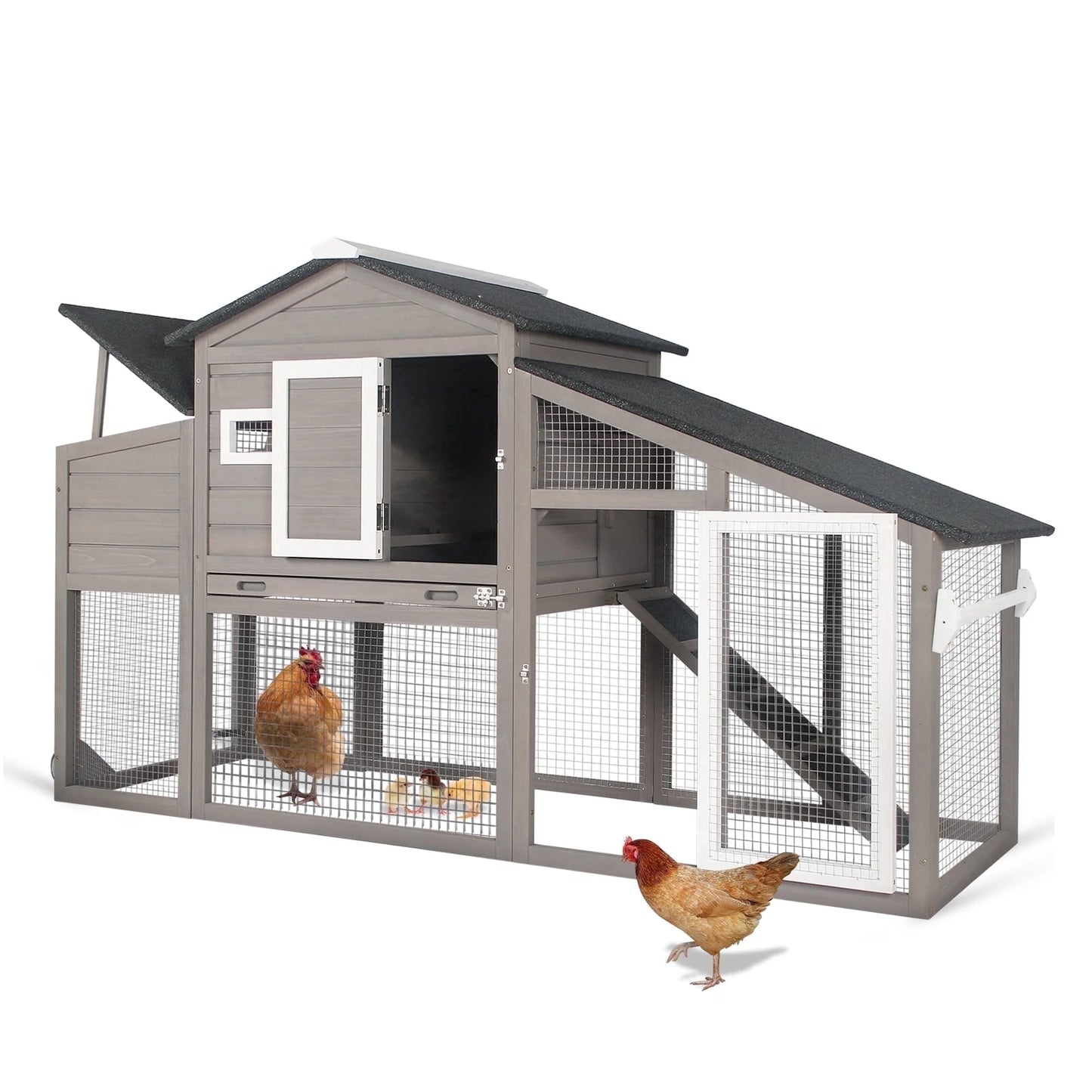 Mobile Chicken Coop with Run - Wooden Coop with Wheels and Asphalt Roof - Gray