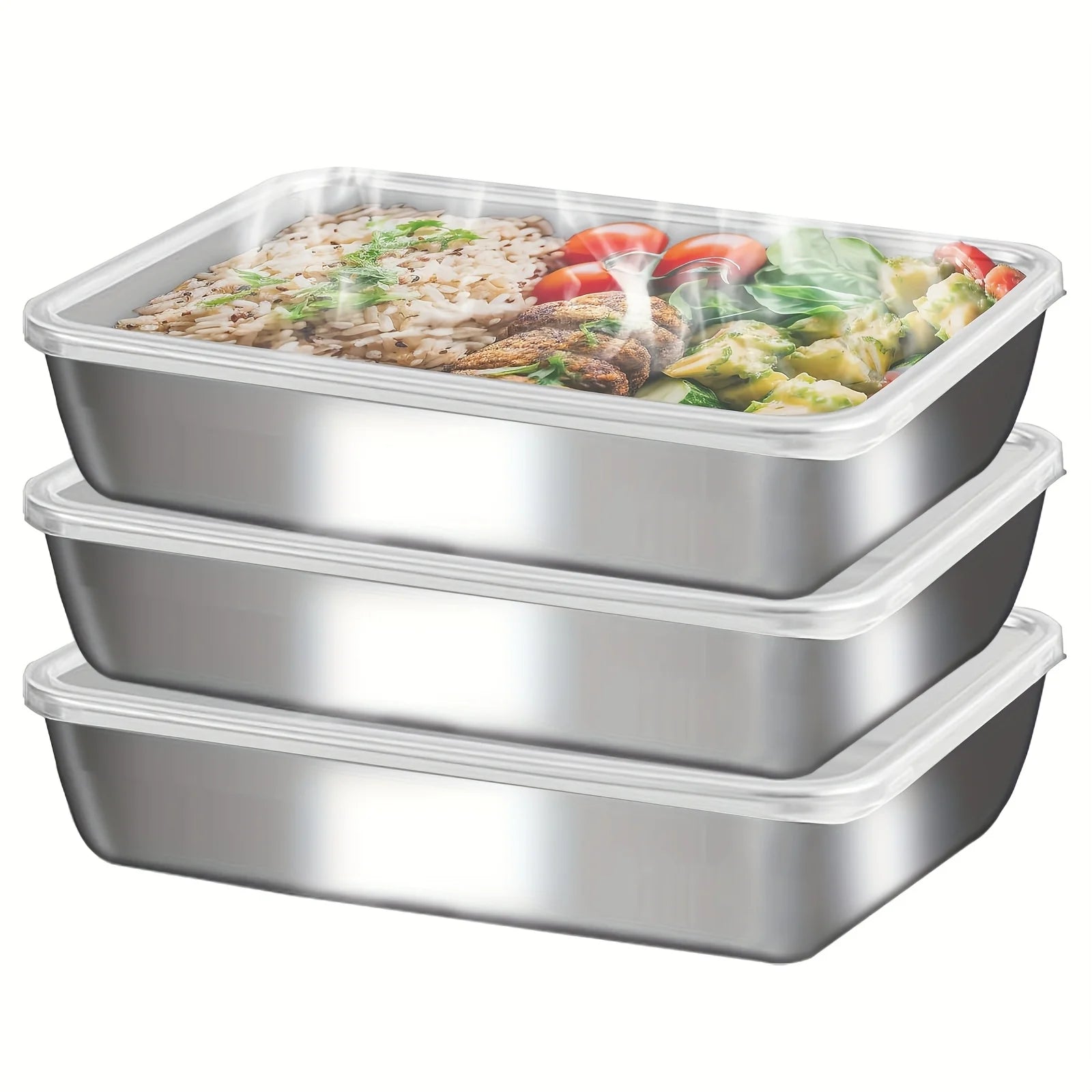 3Pcs Stainless Steel Food Containers & Lunch Box, Leakproof Stackable Clear Lids, Kitchen Items and Accessories for Camping