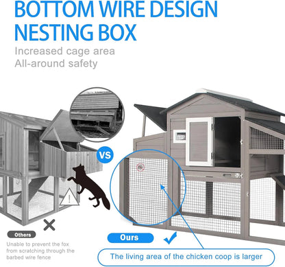 Mobile Chicken Coop with Run - Wooden Coop with Wheels and Asphalt Roof - Gray