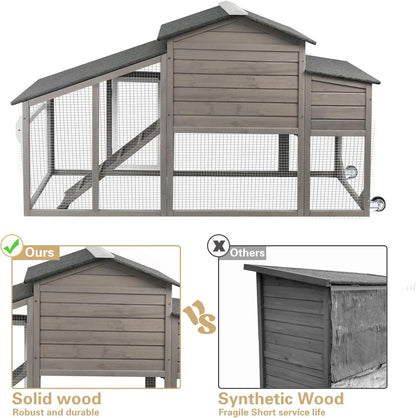 Mobile Chicken Coop with Run - Wooden Coop with Wheels and Asphalt Roof - Gray