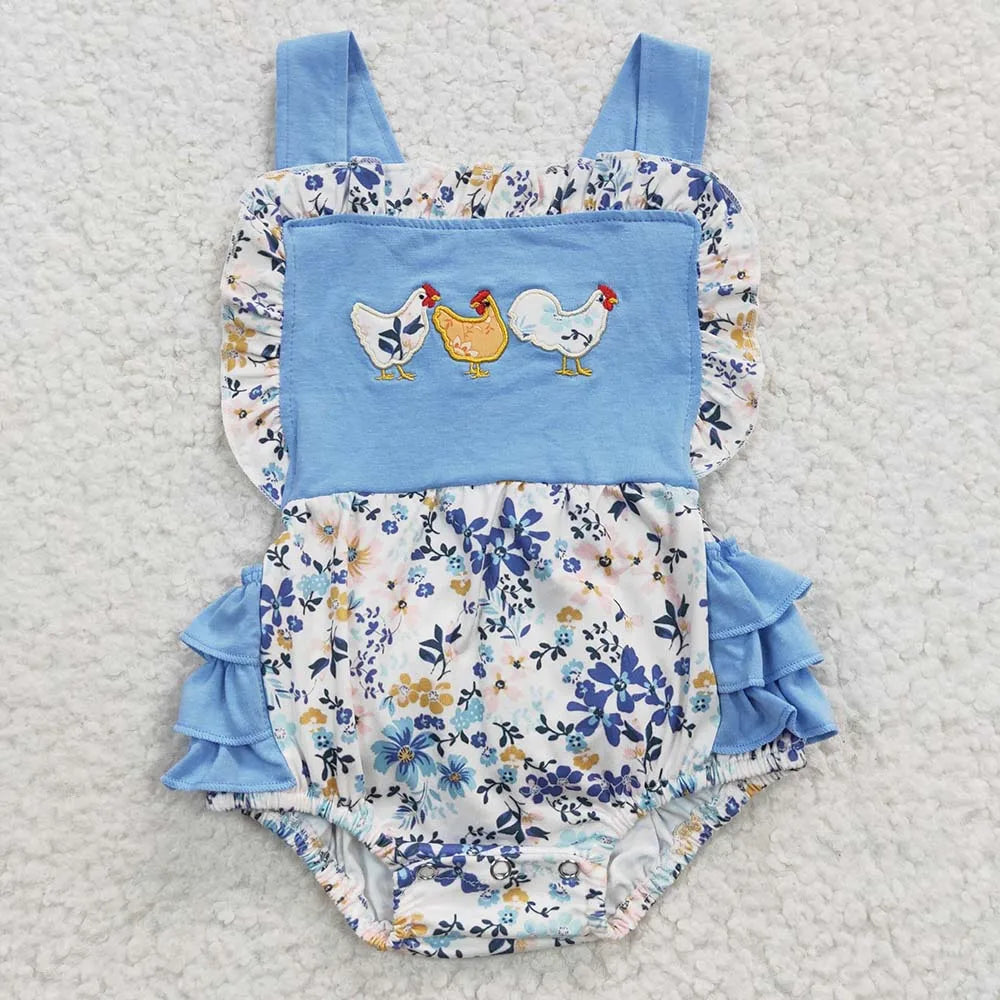 Wholesale Newborn Romper Floral Blue Jumpsuit Embroidery Chicken Toddler Kid Children Summer Matching Baby Boy Girl One-Piece