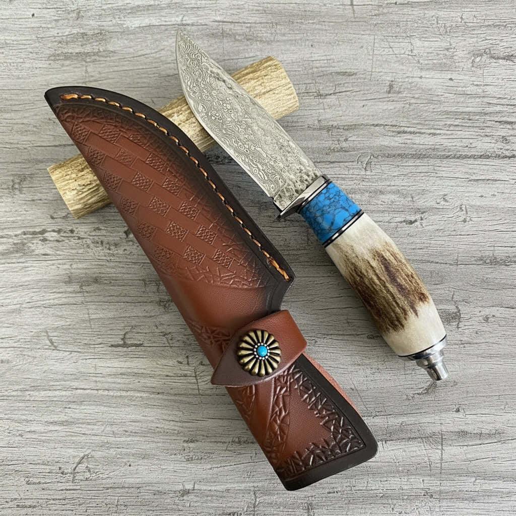 Damascus Steel Outdoor Knife Antler & Turquoise Handle Outdoor Knife