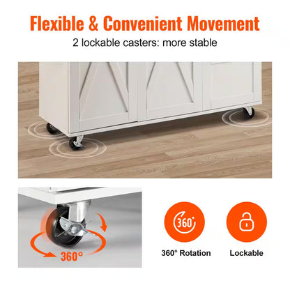 Kitchen Cart with Solid Natural Wood Top, 45.3 In. Mobile Rolling Cart with Storage Cabinet, Portable on Wheels, White