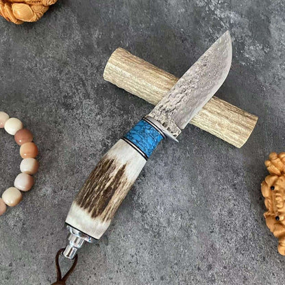 Damascus Steel Outdoor Knife Antler & Turquoise Handle Outdoor Knife