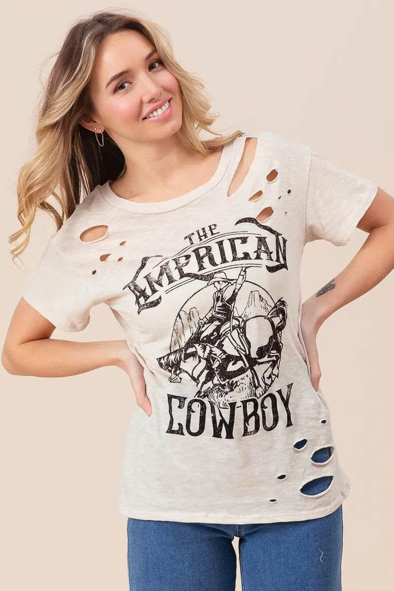 Bibi Cotton Slub Laser Top American Cow Boy Graphic