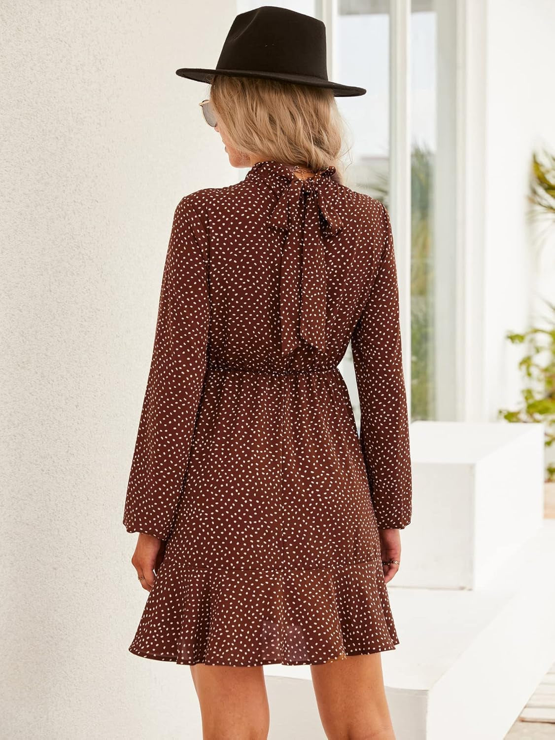 Women’S Boho Polka Dot Long Sleeve Dress Summer Ruffle Mock Neck Mini Dress Casual Swing Short Dress