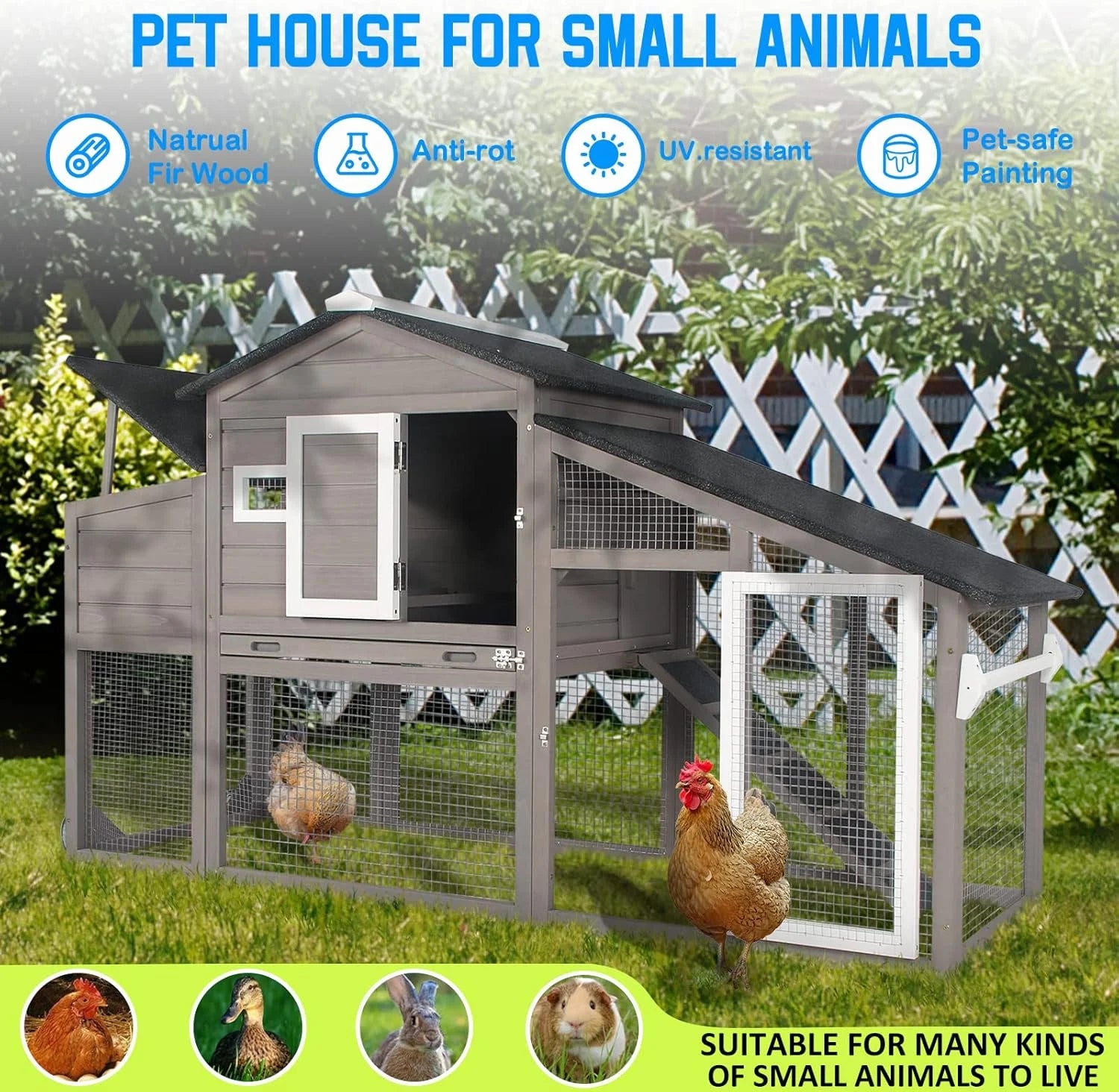 Mobile Chicken Coop with Run - Wooden Coop with Wheels and Asphalt Roof - Gray