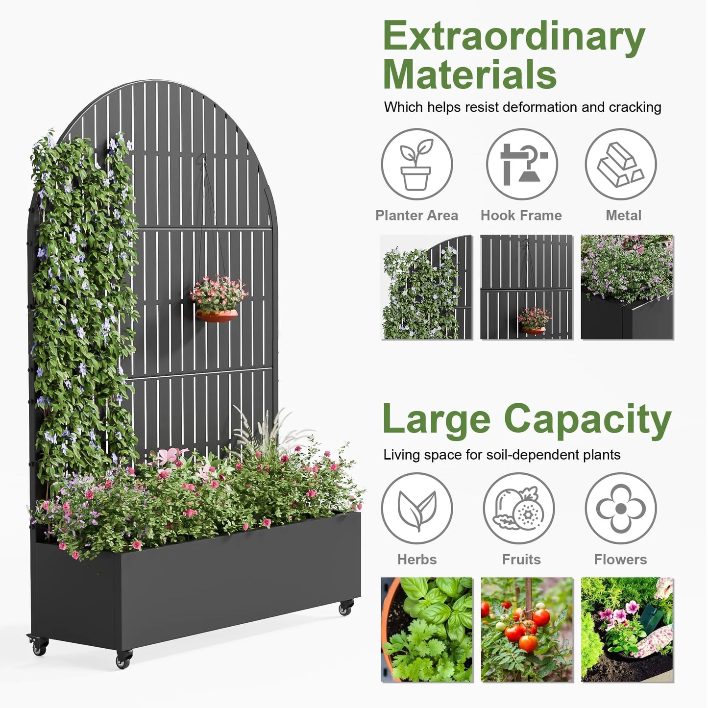 Planter Box with Trellis Iron Black Arch Vertical Fence Style 72X47X16In 3-Piece Set