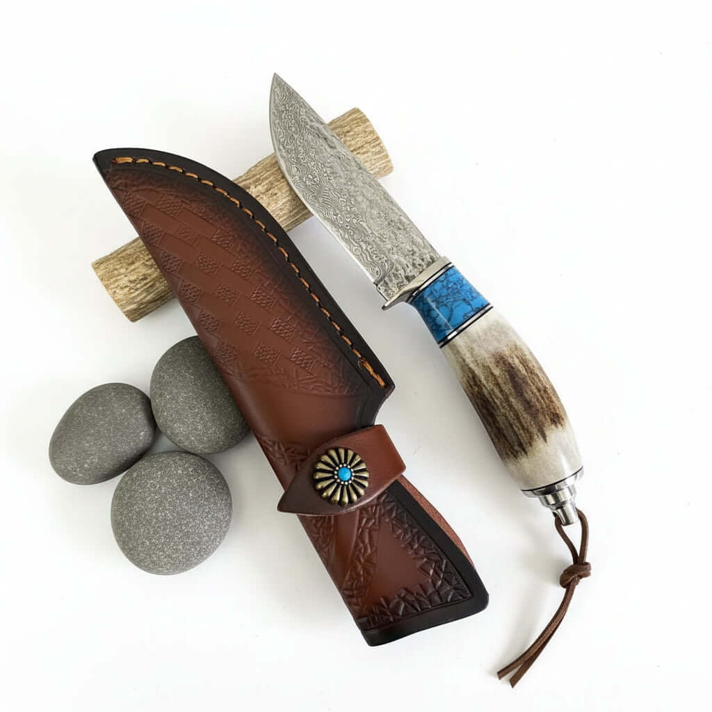Damascus Steel Outdoor Knife Antler & Turquoise Handle Outdoor Knife