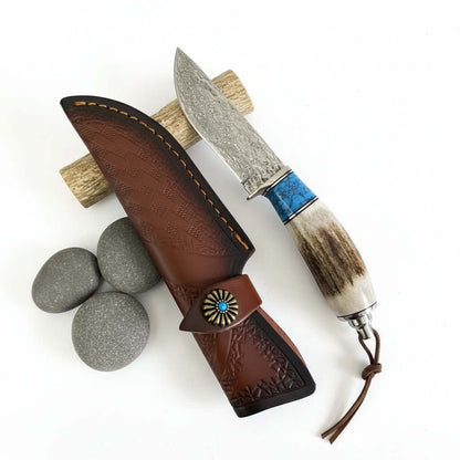 Damascus Steel Outdoor Knife Antler & Turquoise Handle Outdoor Knife