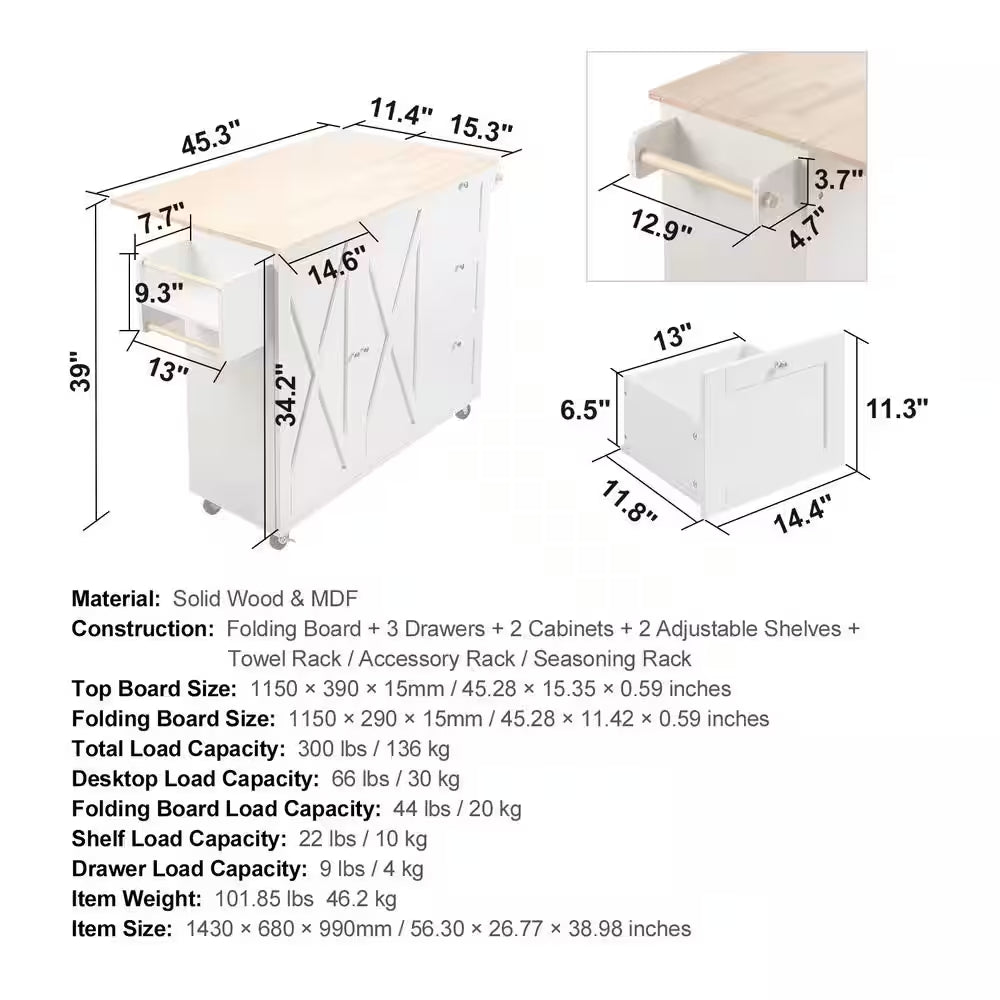 Kitchen Cart with Solid Natural Wood Top, 45.3 In. Mobile Rolling Cart with Storage Cabinet, Portable on Wheels, White