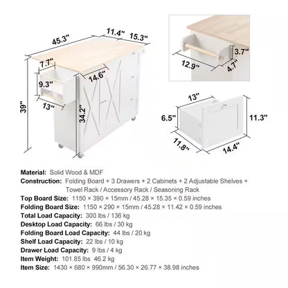 Kitchen Cart with Solid Natural Wood Top, 45.3 In. Mobile Rolling Cart with Storage Cabinet, Portable on Wheels, White