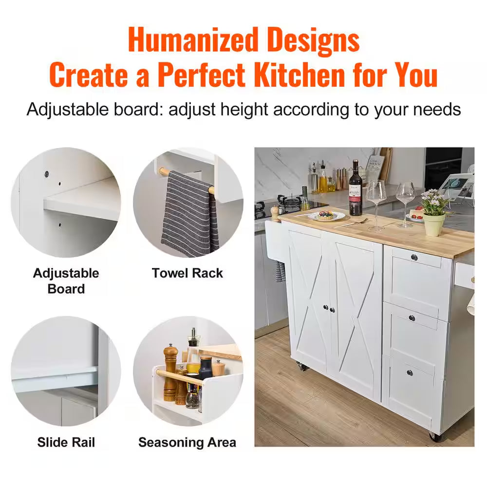 Kitchen Cart with Solid Natural Wood Top, 45.3 In. Mobile Rolling Cart with Storage Cabinet, Portable on Wheels, White