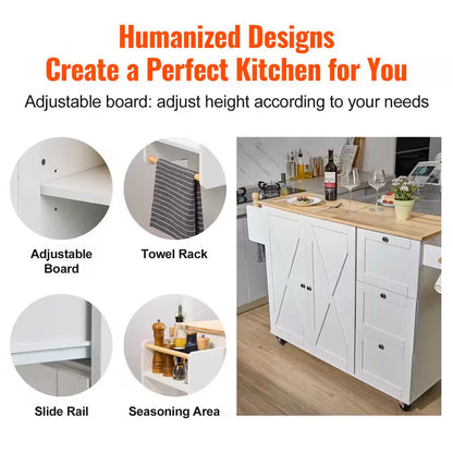 Kitchen Cart with Solid Natural Wood Top, 45.3 In. Mobile Rolling Cart with Storage Cabinet, Portable on Wheels, White