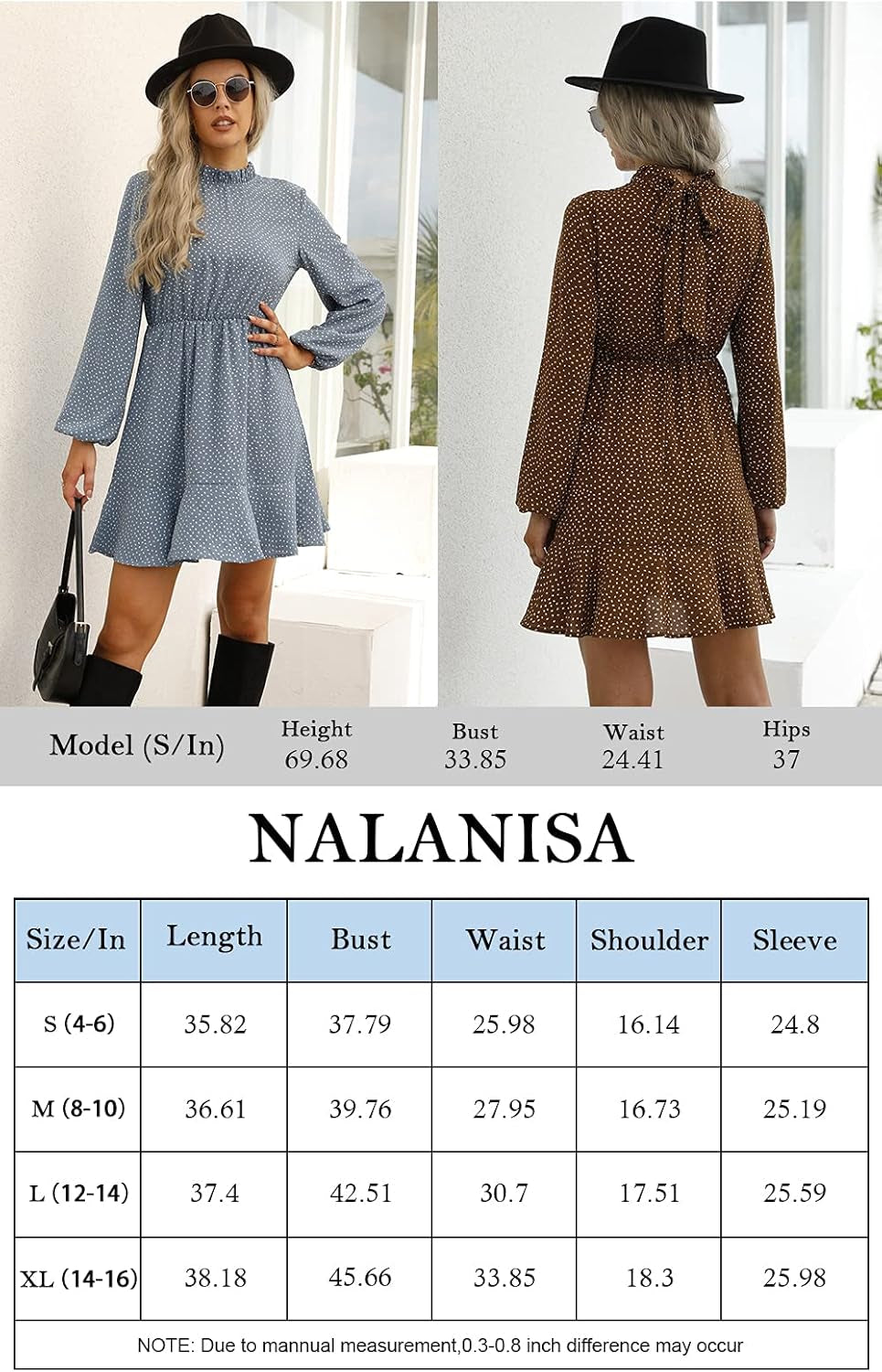 Women’S Boho Polka Dot Long Sleeve Dress Summer Ruffle Mock Neck Mini Dress Casual Swing Short Dress