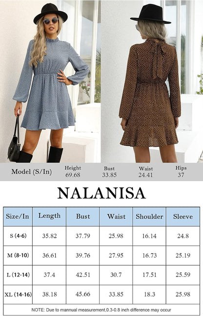 Women’S Boho Polka Dot Long Sleeve Dress Summer Ruffle Mock Neck Mini Dress Casual Swing Short Dress