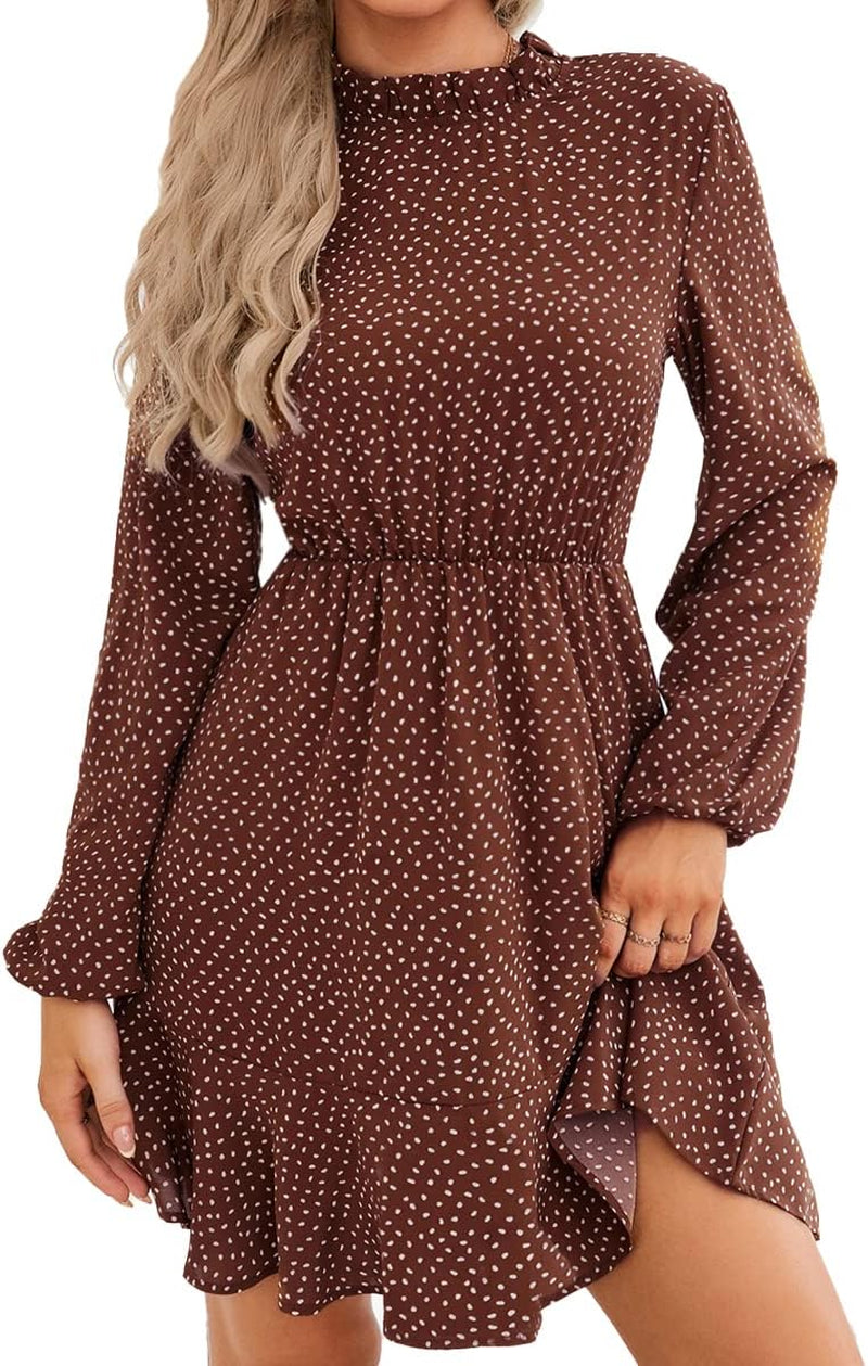 Women’S Boho Polka Dot Long Sleeve Dress Summer Ruffle Mock Neck Mini Dress Casual Swing Short Dress